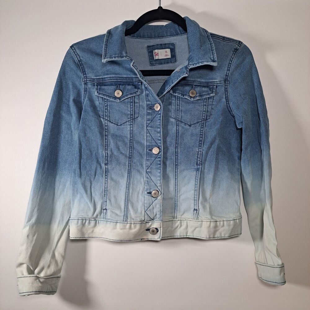 SO Girls Size XL 12 14 Button Up Blue Jean Ombre Dip Fade Denim Jacket Fall Y2K